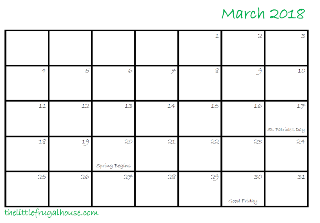 Free March Calendar Printable The Little Frugal House