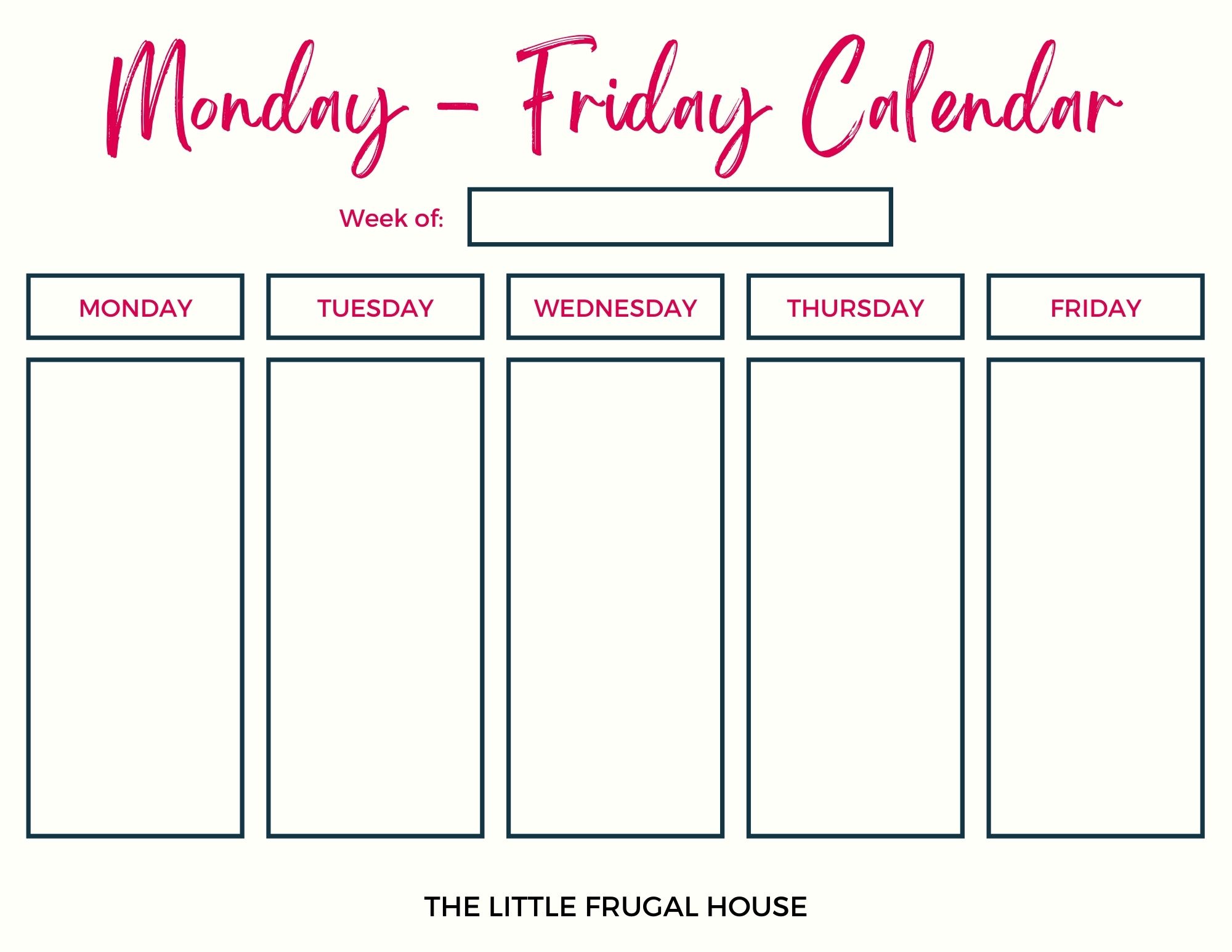 Free Printable Calendar Monday Through Friday 4 Weekly Color Options 