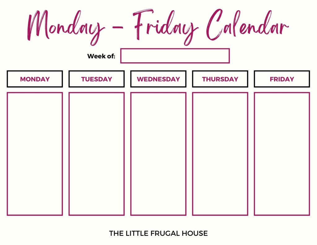 Free Printable Calendar Monday Through Friday (4 Weekly Color Options)