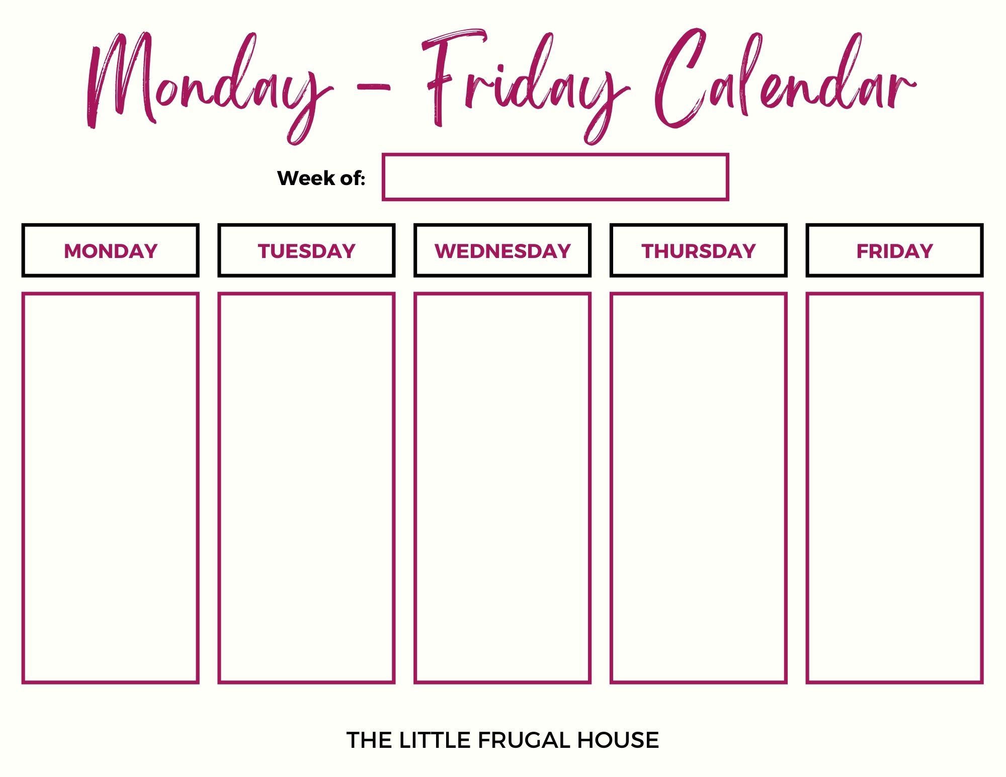Free Printable Calendar Monday Through Friday 4 Weekly Color Options 3209